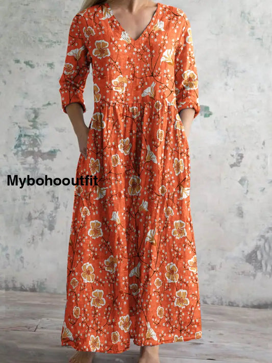 Women’s Vintage Floral Print Chic V-Neck Bohemian Elegant Midi A / S