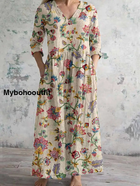 Women’s Vintage Floral Print Chic V-Neck Bohemian Elegant Midi A / S