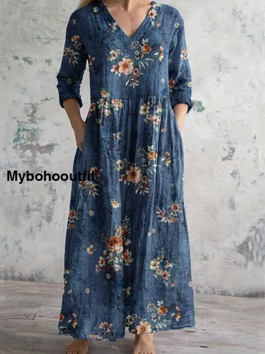 Women’s Vintage Floral Print Chic V-Neck Bohemian Elegant Midi A / S