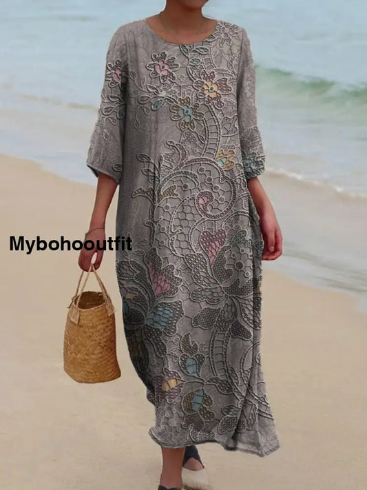 Women’s Vintage Floral Print Chic V-Neck Bohemian Elegant Midi A / S
