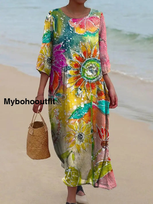 Women’s Vintage Floral Print Chic V-Neck Bohemian Elegant Midi A / S