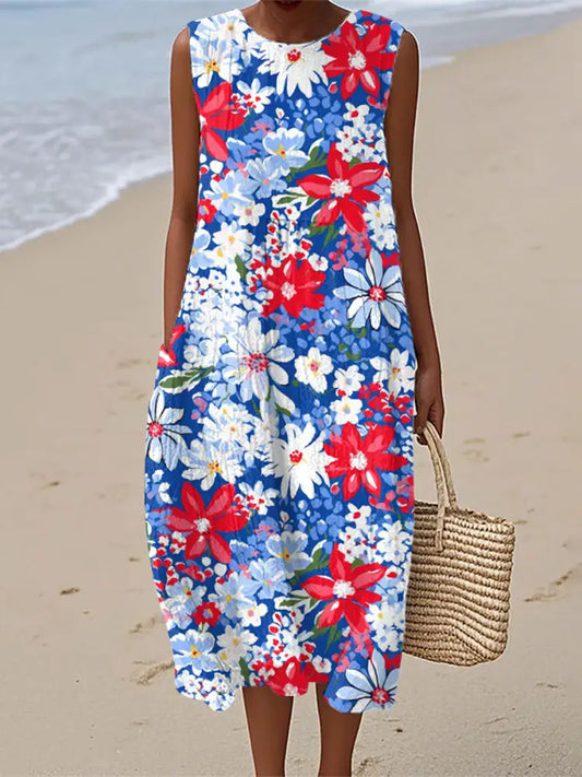 Women’s Vintage Floral Print Linen Sleeveless Dress As picture / S