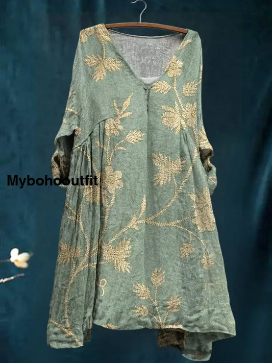 Women’s Vintage Floral Print V Neck Cotton Bohemian Mini Dress A / S