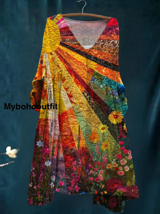 Women’s Vintage Floral Print V Neck Cotton Bohemian Mini Dress A / S