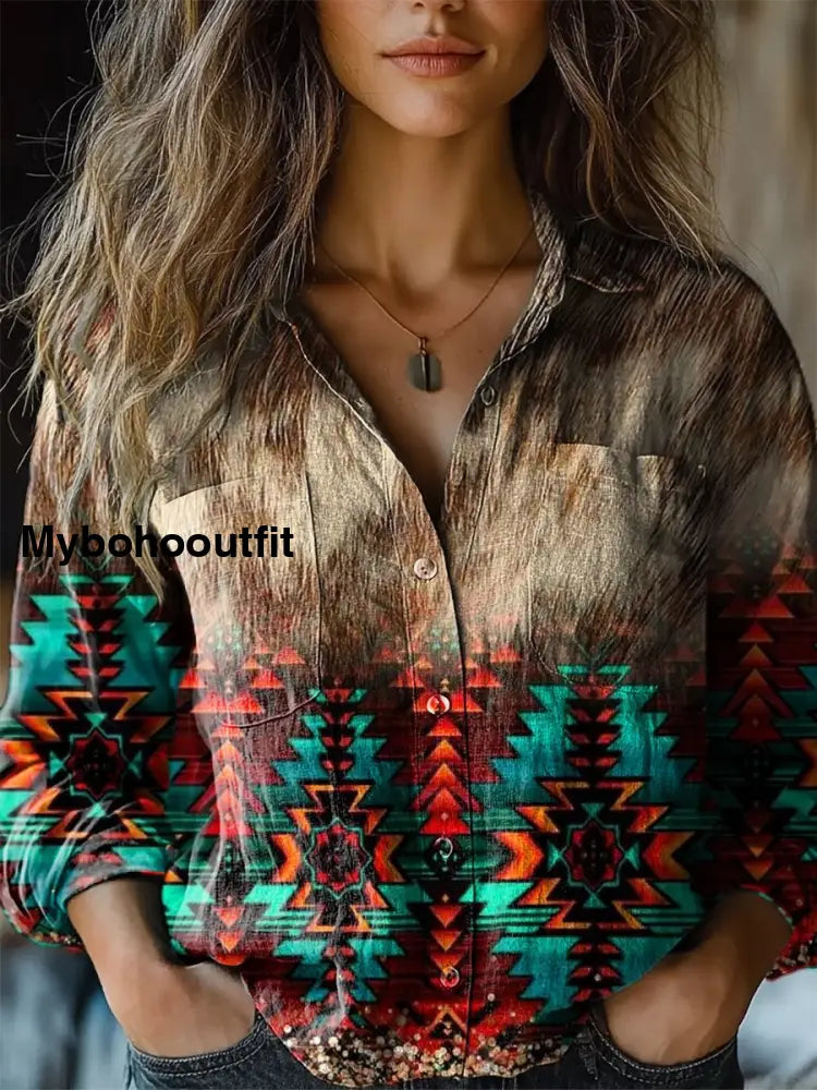 Women’s Vintage Gradient Aztec Print Casual Long Sleeve Comfortable Cotton Shirt Multicolor / S