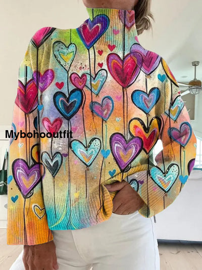 Women’s Vintage Heart Art Print Casual Chic Sweater Pullover A / S