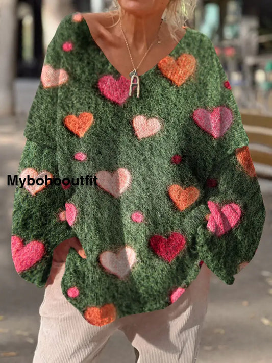 Women’s Vintage Heart Art Print Chic V Neck Casual Sweater Pullover A / S
