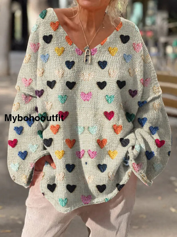 Women’s Vintage Heart Art Print Chic V Neck Casual Sweater Pullover A / S