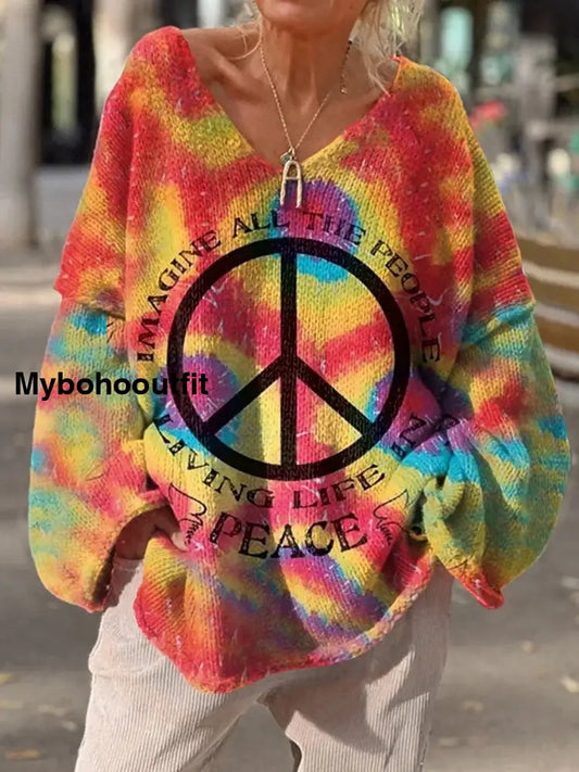 Women’s Vintage Hippie Art Print Chic V Neck Casual Sweater Pullover A / S