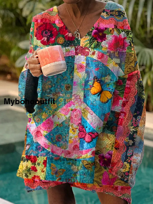 Women’s Vintage Hippie Art Print Chic V Neck Casual Sweater Pullover A / S