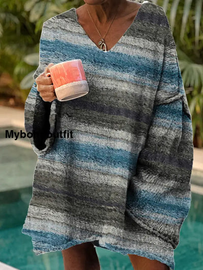 Women’s Vintage Hippie Art Print Chic V-Neck Casual Sweater Pullover A / S