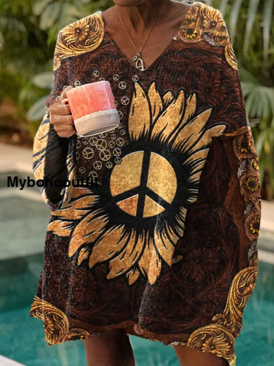 Women’s Vintage Hippie Art Print Chic V Neck Casual Sweater Pullover A / S