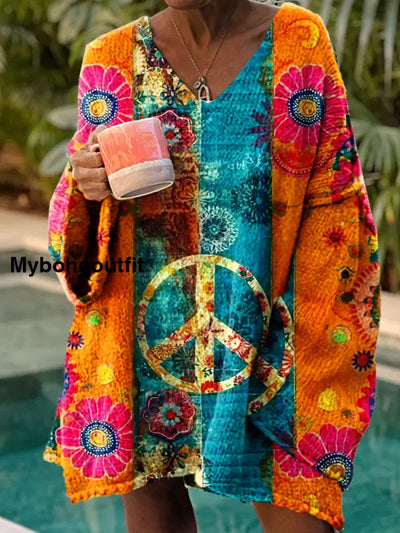 Women’s Vintage Hippie Art Print Chic V Neck Casual Sweater Pullover A / S