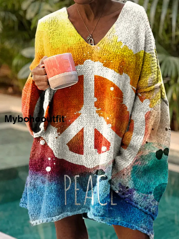 Women’s Vintage Hippie Art Print Chic V Neck Casual Sweater Pullover A / S