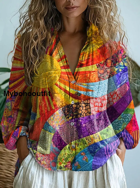 Women’s Vintage Hippie Art Print V-Neck Casual Cotton And Linen Shirt Top A / S