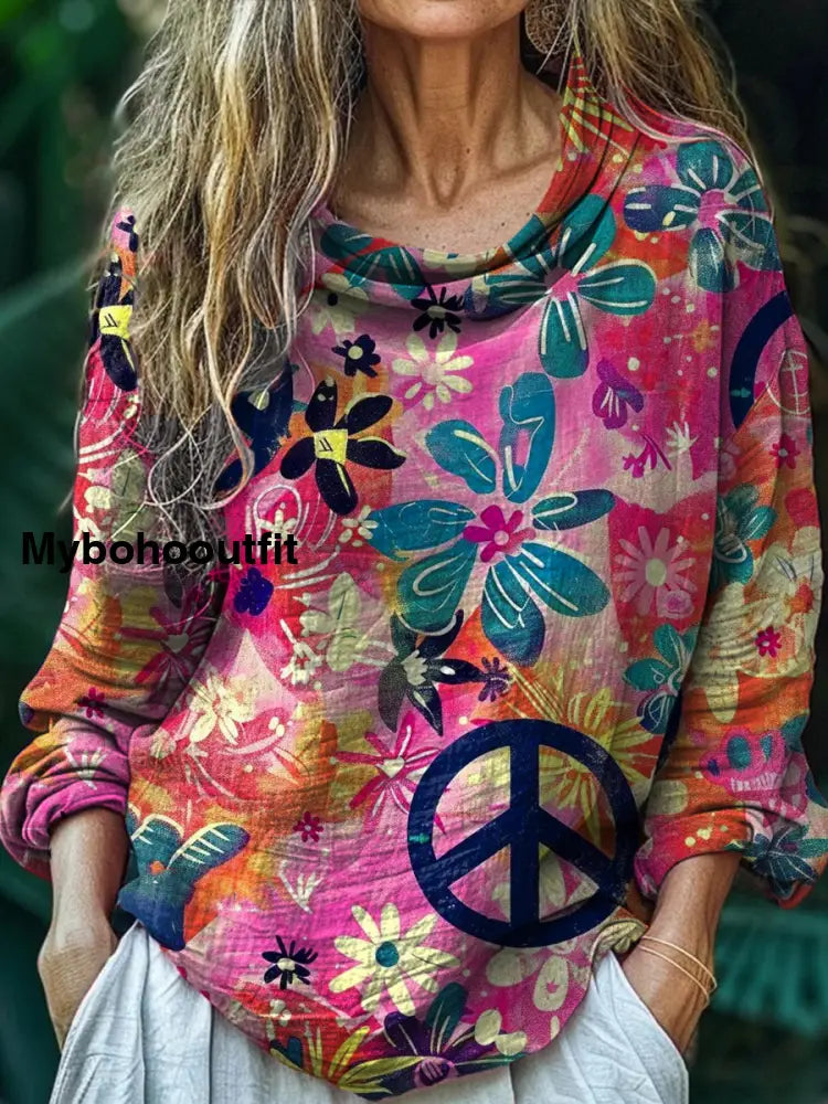 Women’s Vintage Hippie Print Casual Long Sleeve Comfortable Cotton Shirt Top A / S