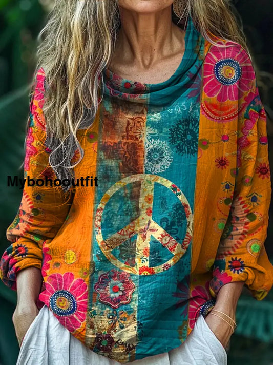 Women’s Vintage Hippie Print Casual Long Sleeve Comfortable Cotton Shirt Top A / S