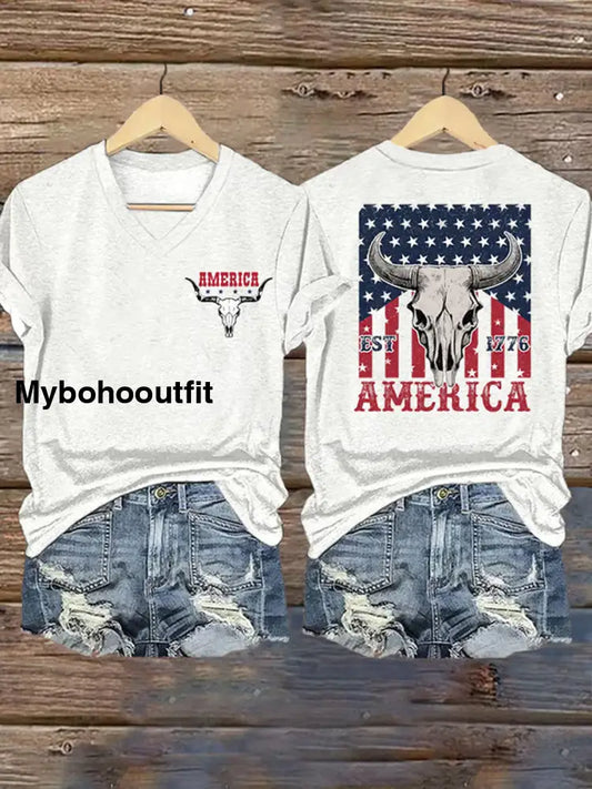 Women’s Vintage Independence Day Art Print Casual T-Shirt A / S