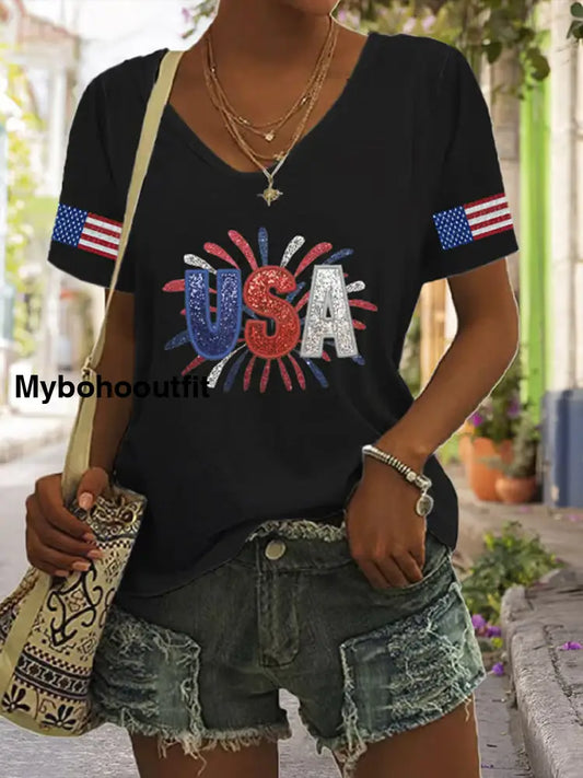 Women’s Vintage Independence Day Fireworks Art Print Casual T-Shirt A / S