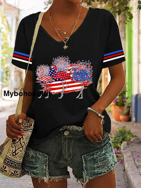 Women’s Vintage Independence Day Flag Art Print Casual T-Shirt A / S
