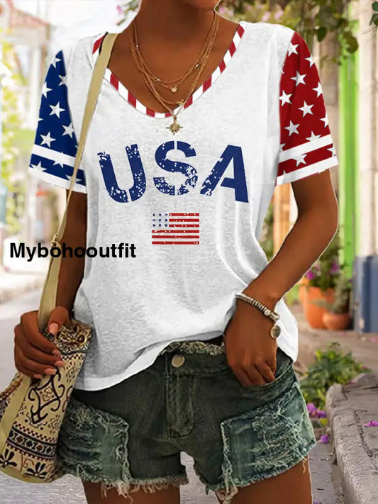 Women’s Vintage Independence Day Flag Art Print Casual T-Shirt A / S
