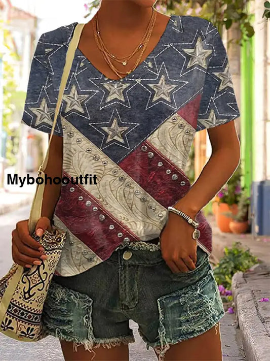 Women’s Vintage Independence Day Flag Art Print Casual T-Shirt A / S