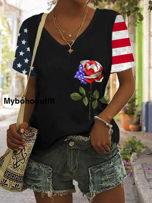 Women’s Vintage Independence Day Floral Art Print Casual T-Shirt A / S