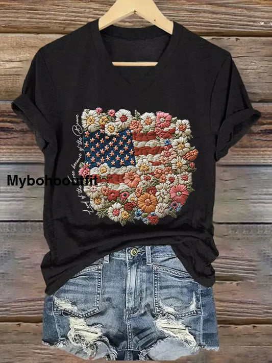 Women’s Vintage Independence Day Floral Art Print Casual T-Shirt A / S