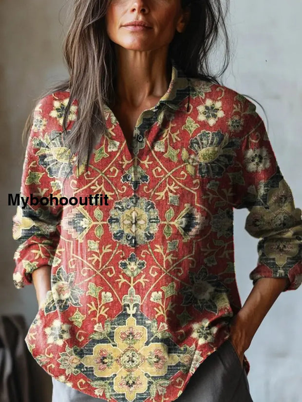 Women’s Vintage Lovely Floral Art Print Casual Cotton And Linen Shirt