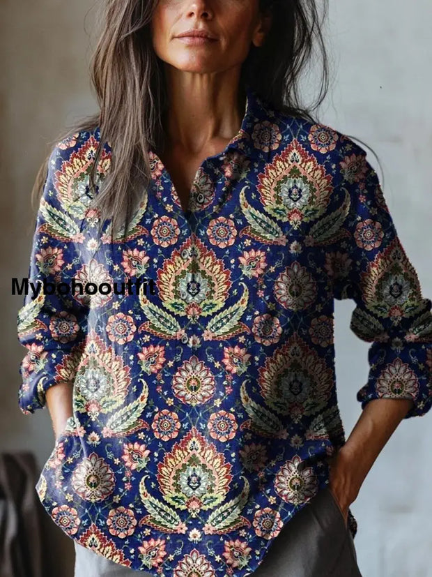 Women’s Vintage Lovely Floral Art Print Casual Cotton And Linen Shirt