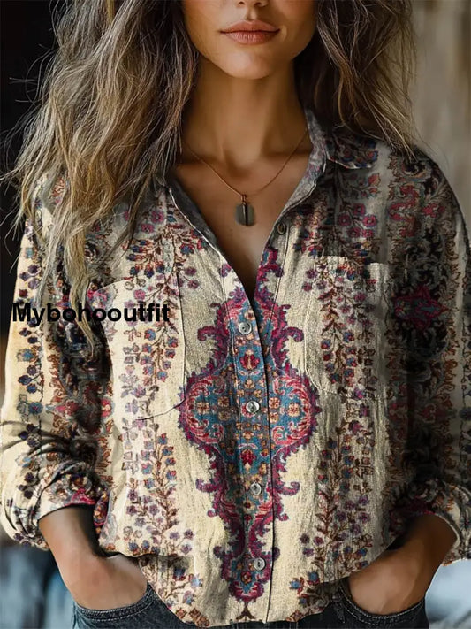 Women’s Vintage Lovely Floral Art Print Casual Long Sleeve Comfortable Cotton Shirt Multicolor / S