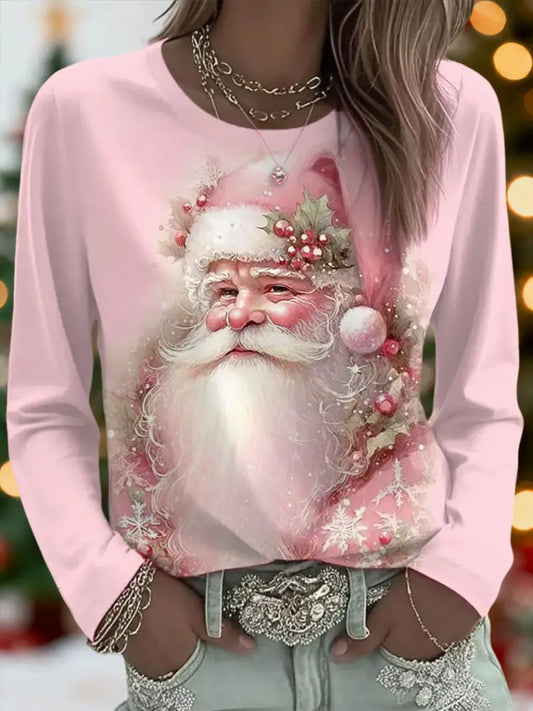 Women’s Vintage Pink Christmas Santa Claus Print Casual Long Sleeve T-Shirt Pink / S