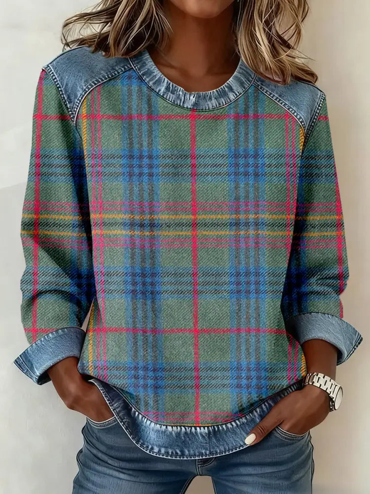 Women’s Vintage Plaid Pattern Denim Patchwork Sweatshirt As picture / S