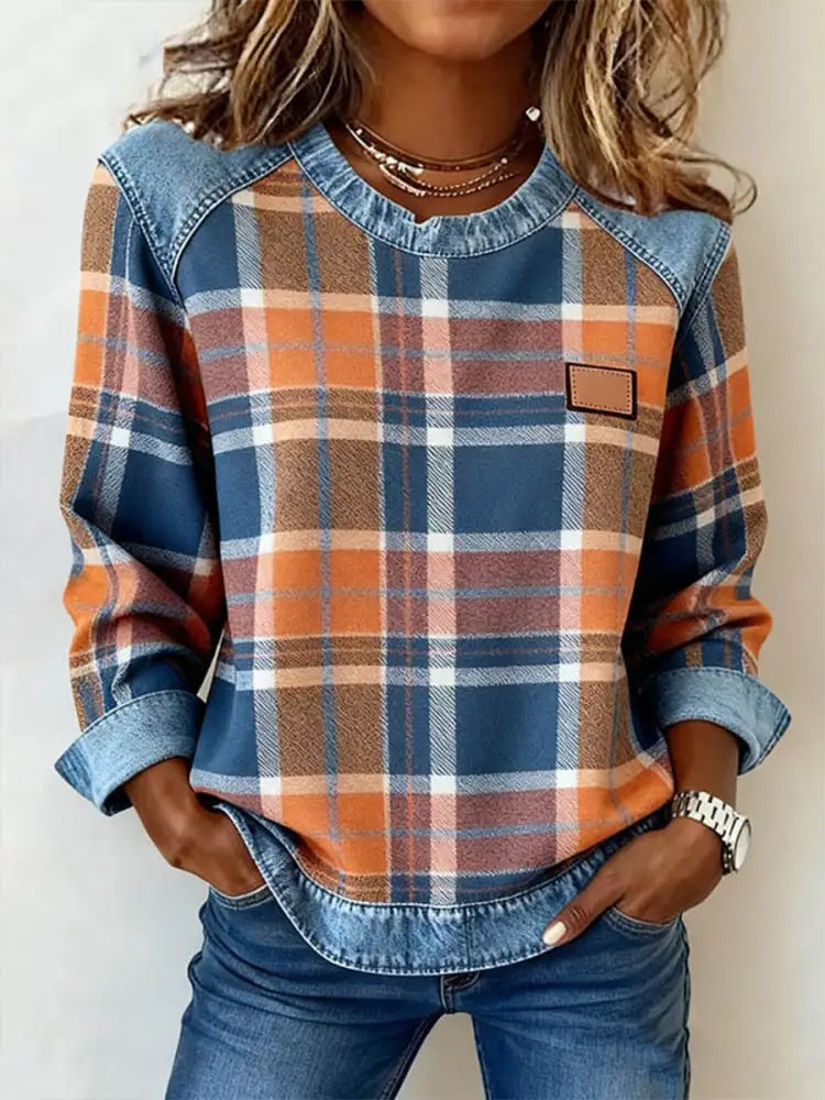 Women’s Vintage Plaid Print Patchwork Art Sweatshirt As picture / S