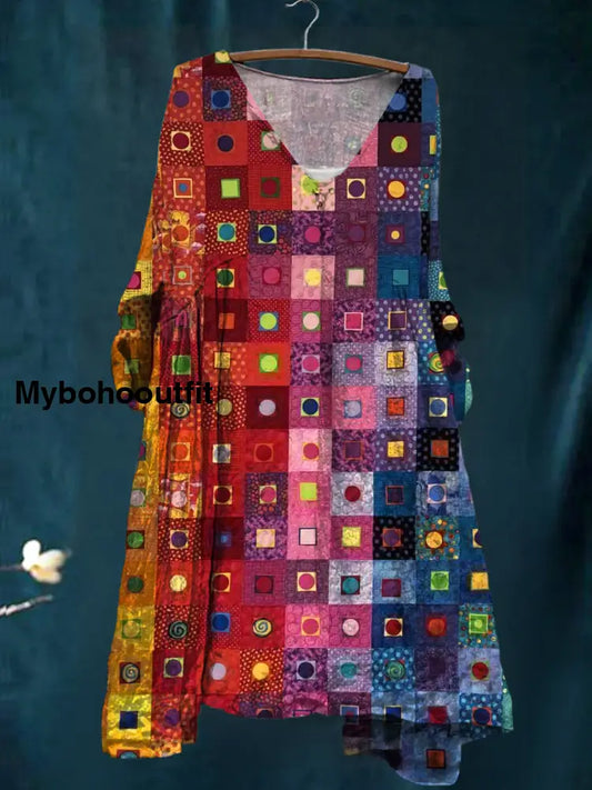 Women’s Vintage Print V Neck Cotton Bohemian Mini Dress A / S