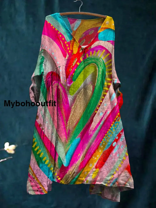 Women’s VintageHeart Print V Neck Cotton Bohemian Mini Dress A / S