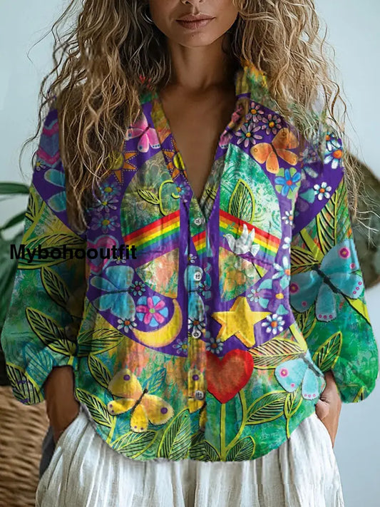 Women’s Vintagehippie Art Print V-Neck Casual Cotton And Linen Shirt Top A / S