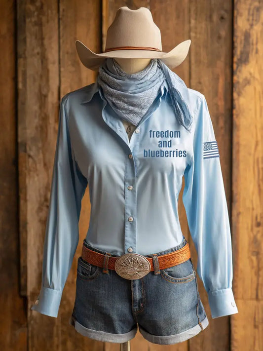Women’s Western style freedom and blueberries shirts Light Blue / S