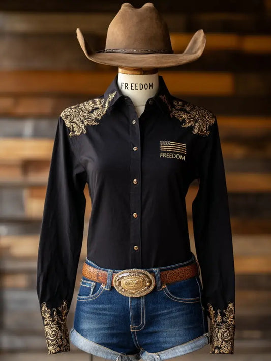 Women’s western style freedom shirts Black / S