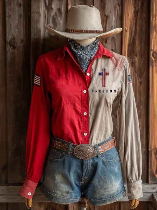 Women’s western style freedom shirts Red / S