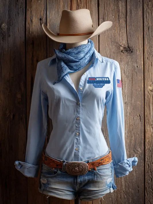 Women’s western style red white & blueberries shirts Light Blue / S