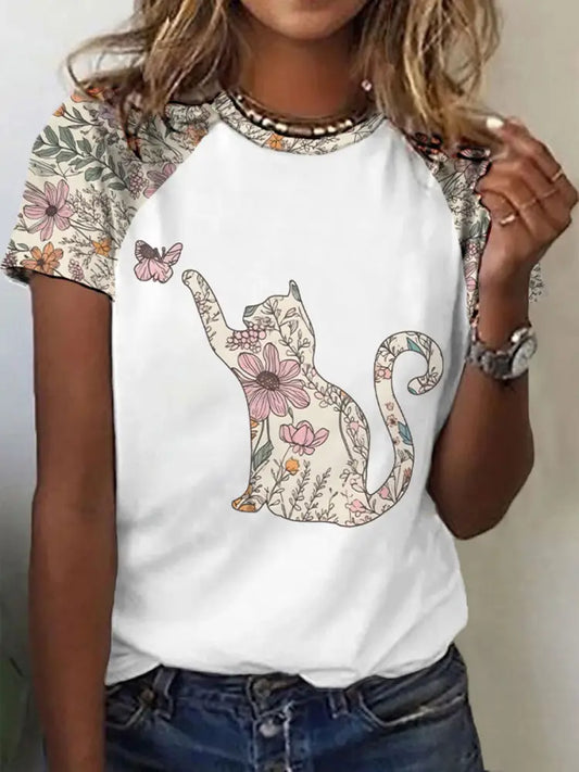 Women’s Wildflowers Cat Print Casual T-Shirt White / S