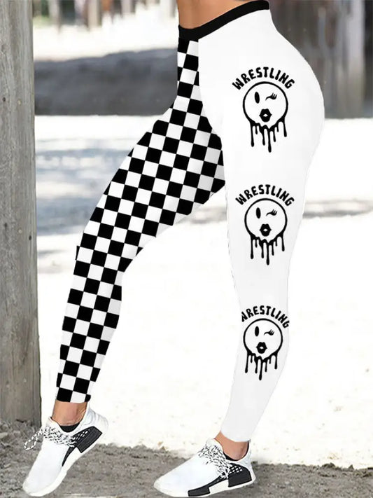 Women’s wrestling black and white plaid leggings Black And White / S