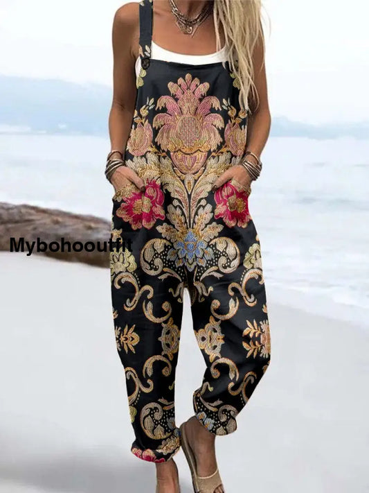 Wome’S Retro Floral Pattern Print Casual Cotton Wide Leg Jumpsuit Black / S